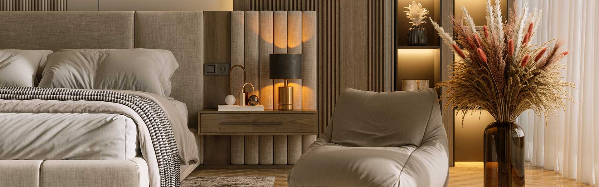 luxury bedroom with bed and modern chair in neutral colors.